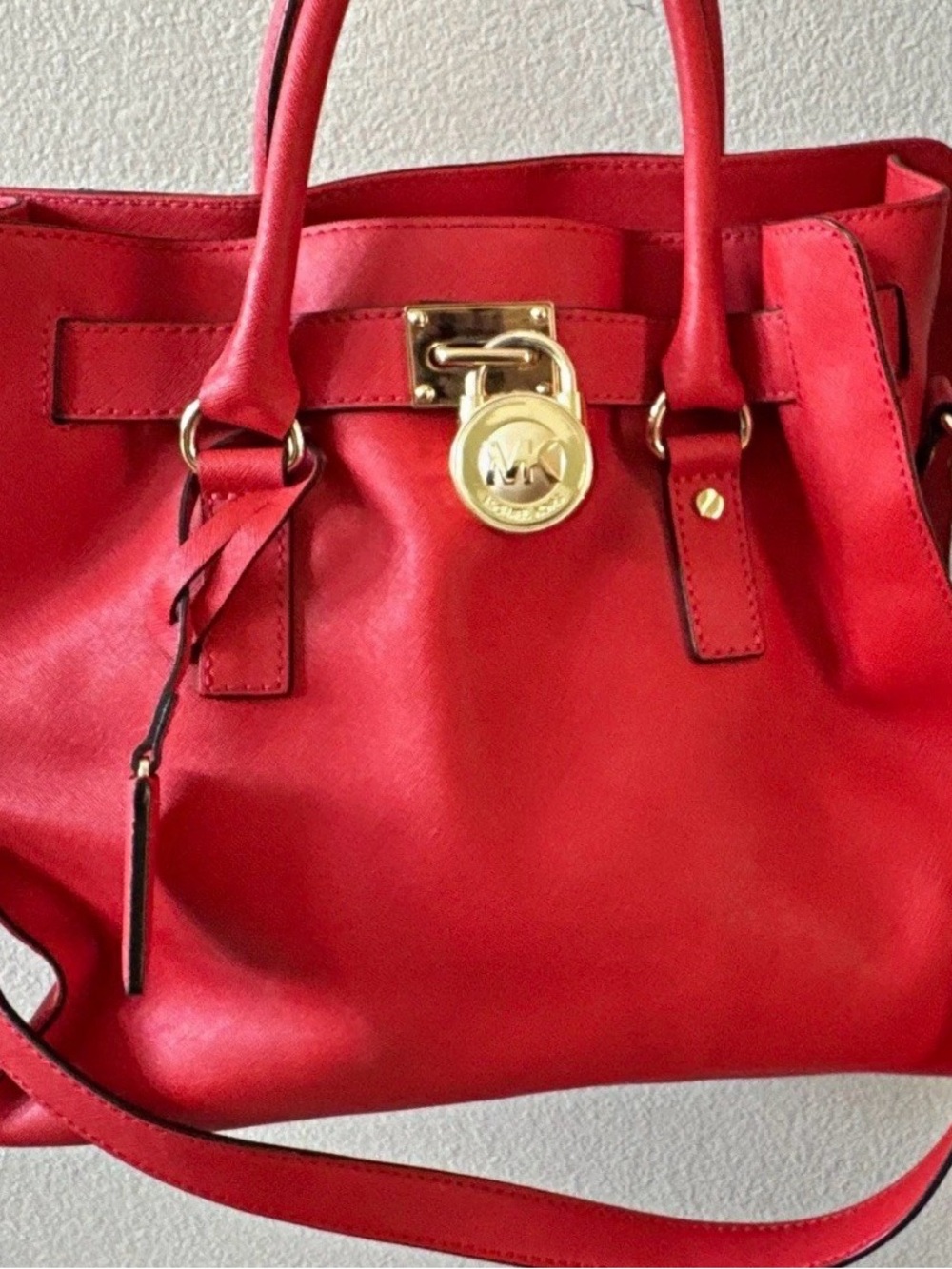 Michael Kors Red Leather Satchel with Gold MK Padlock